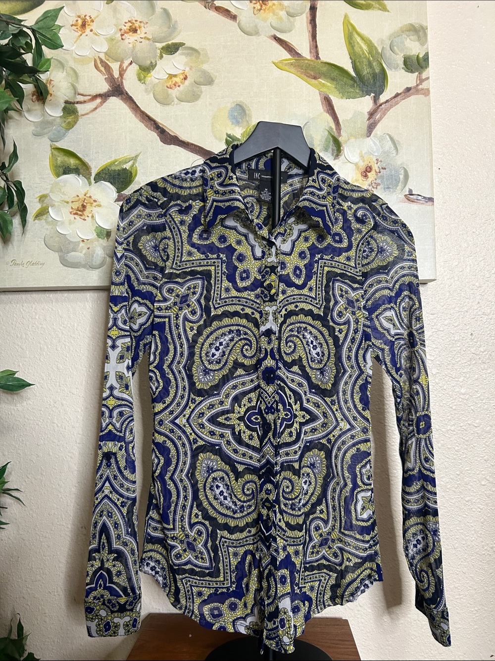 INC International Concepts Navy & Olive Paisley Button-Down Shirt